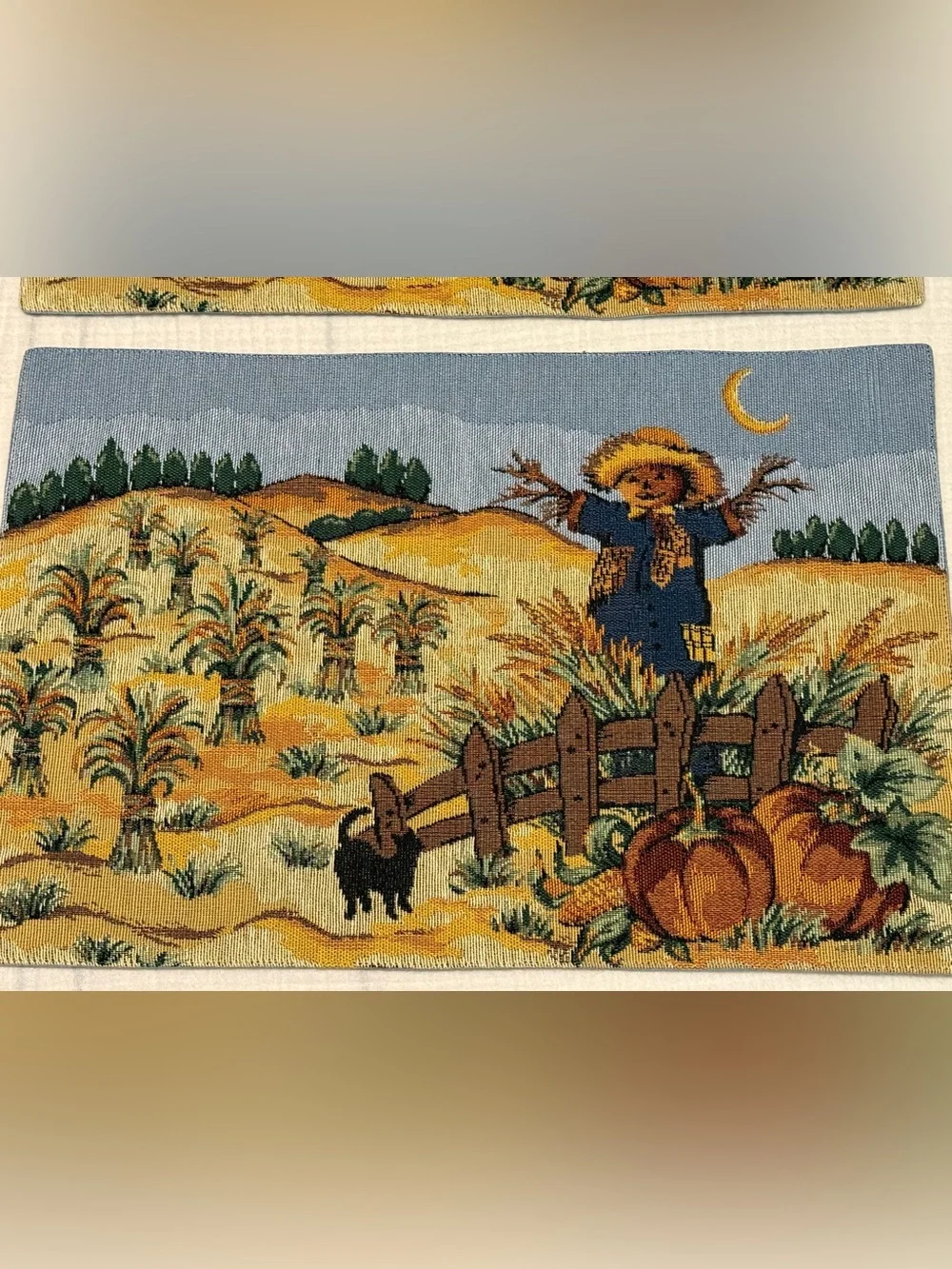 Vintage Woven Tapestry Fall Harvest Scarecrow Black Cat Placemat Set Of 2